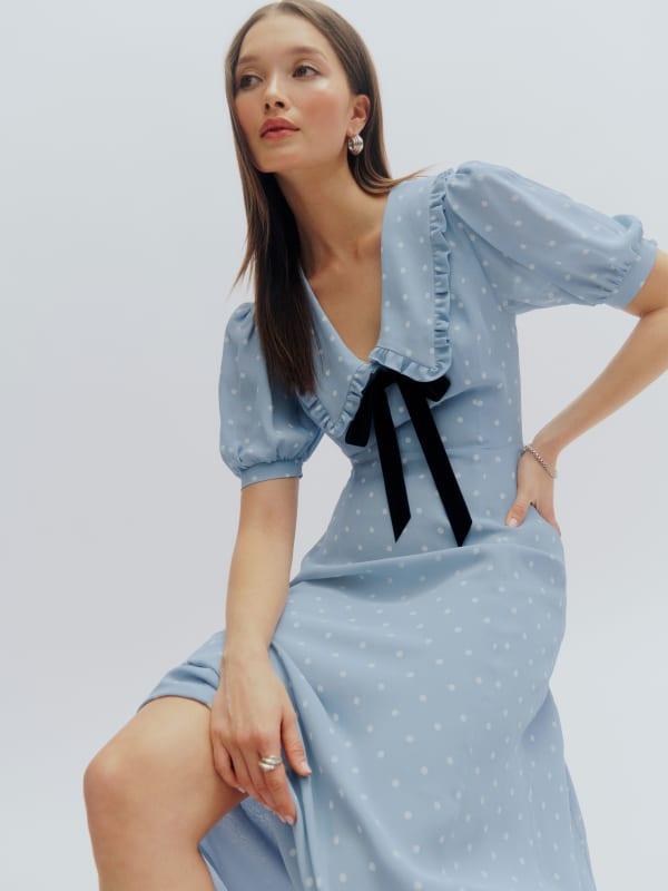 Reformation Buchanan Bow-Embellished Crepe Midi Dress in Blue