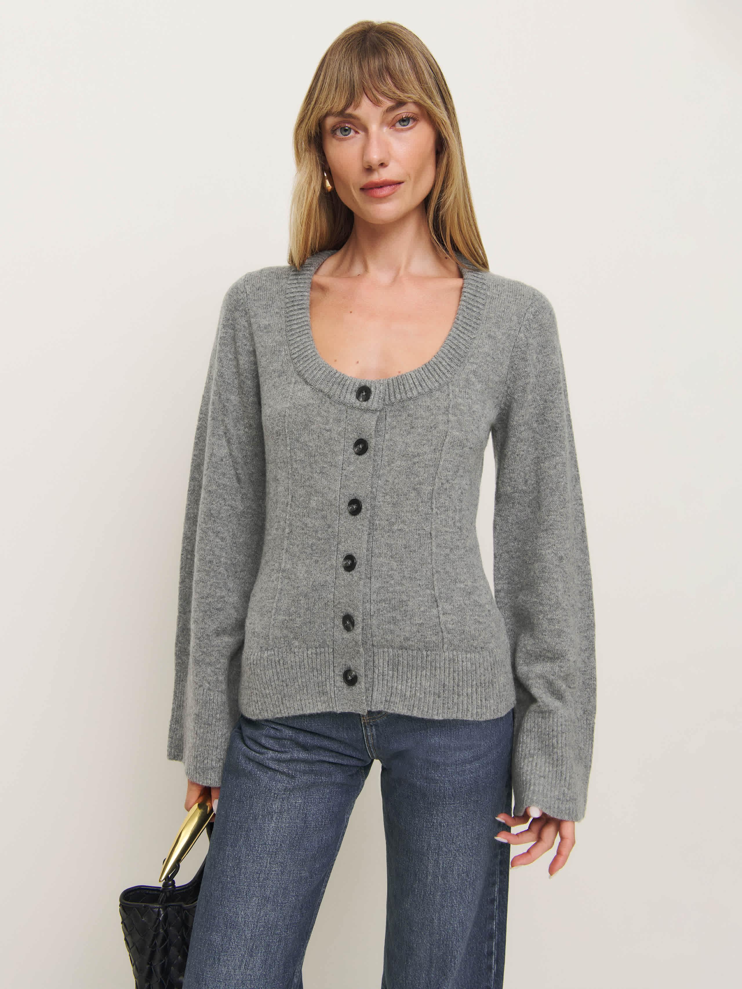 Reformation Karina Regenerative Wool Scoop Neck Cardigan in Gray