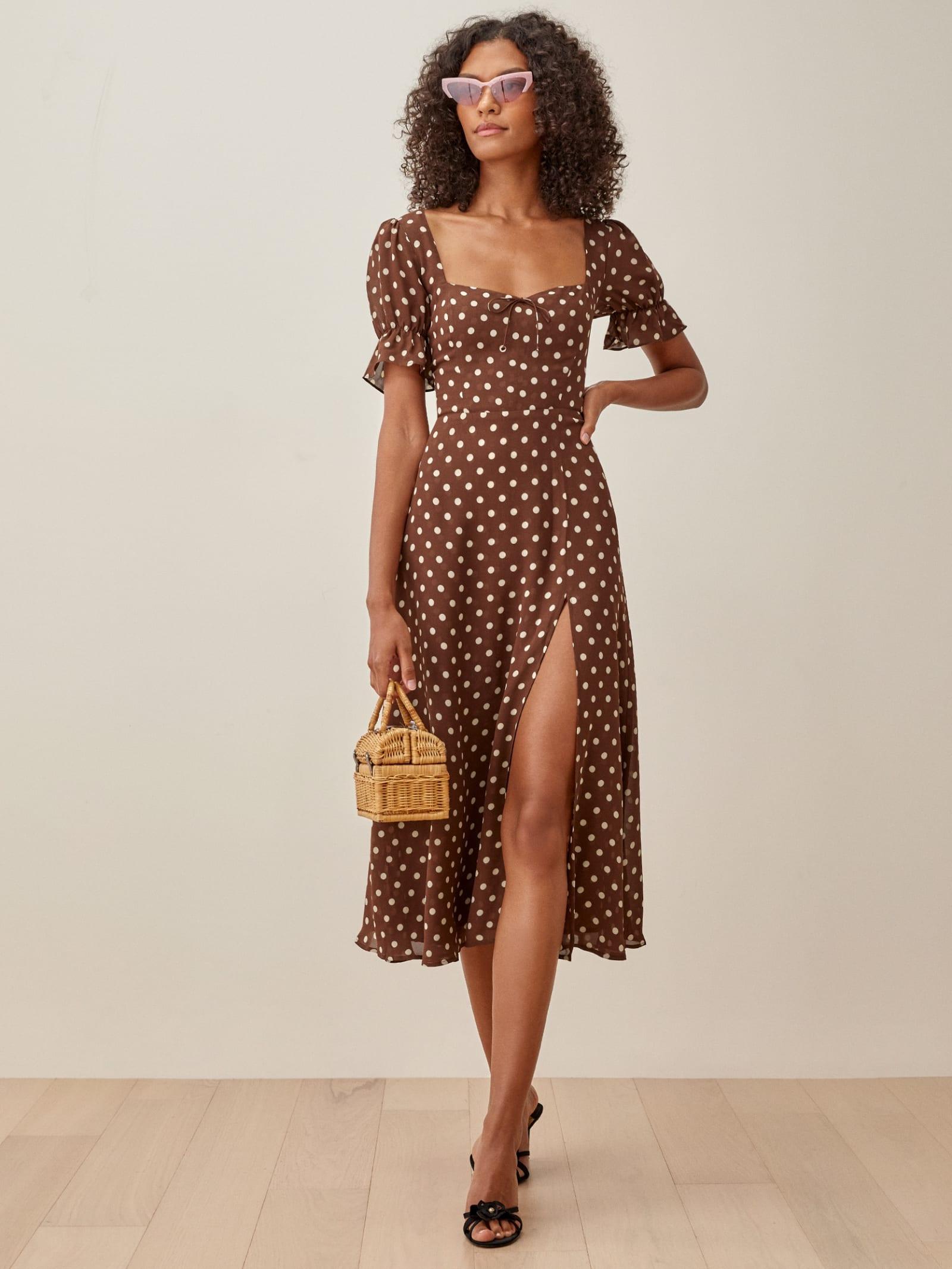 reformation brown polka dot dress
