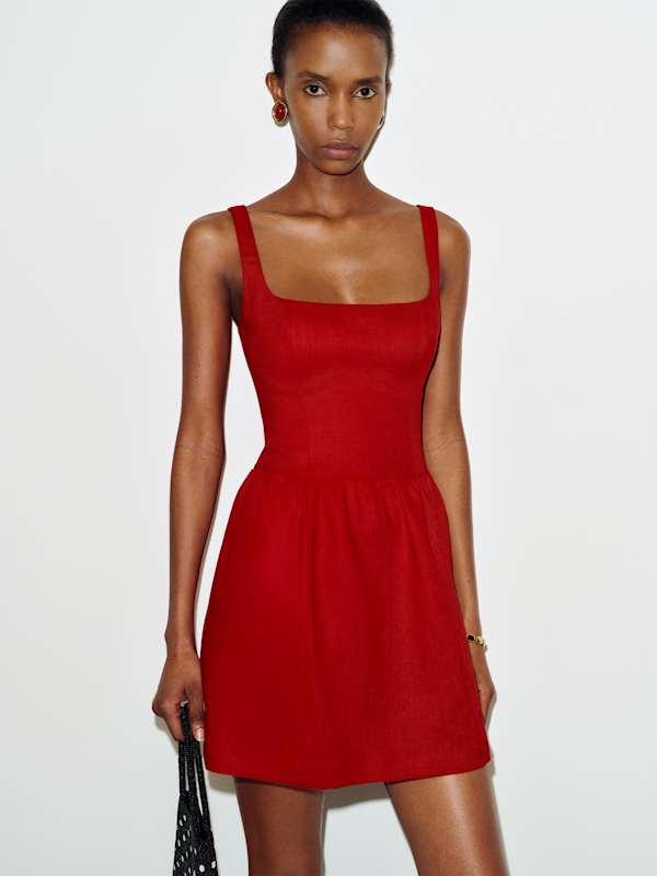 red dress reformation Janu Linen Mini 0 in Red silk dress Color:Truffle event:Work High School Prom Dresses 100% linen.Dresses.