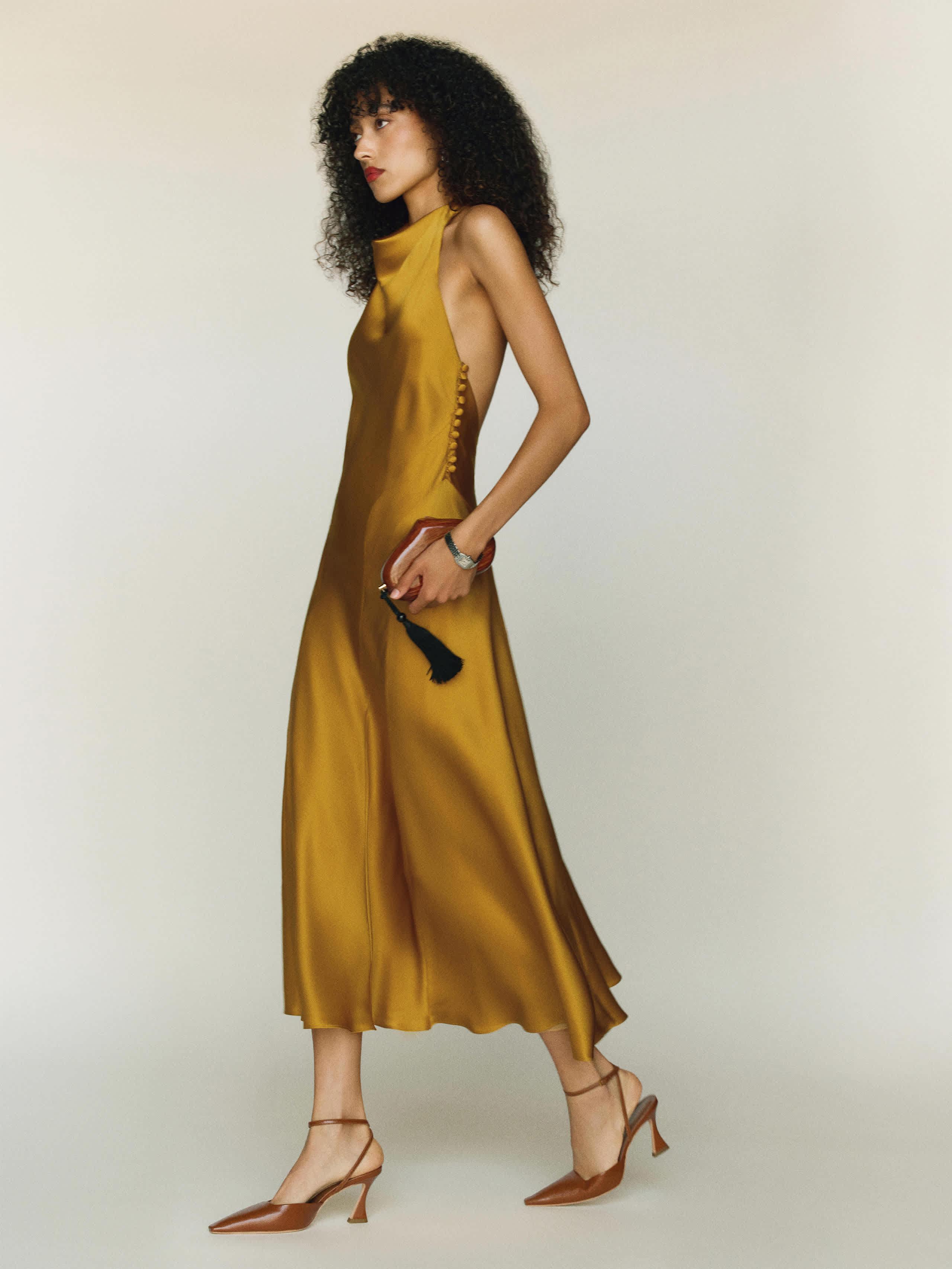 reformation yellow silk dress Reformation Nerida Halter Cut Out Silk Dress, Turmeric/Yellow