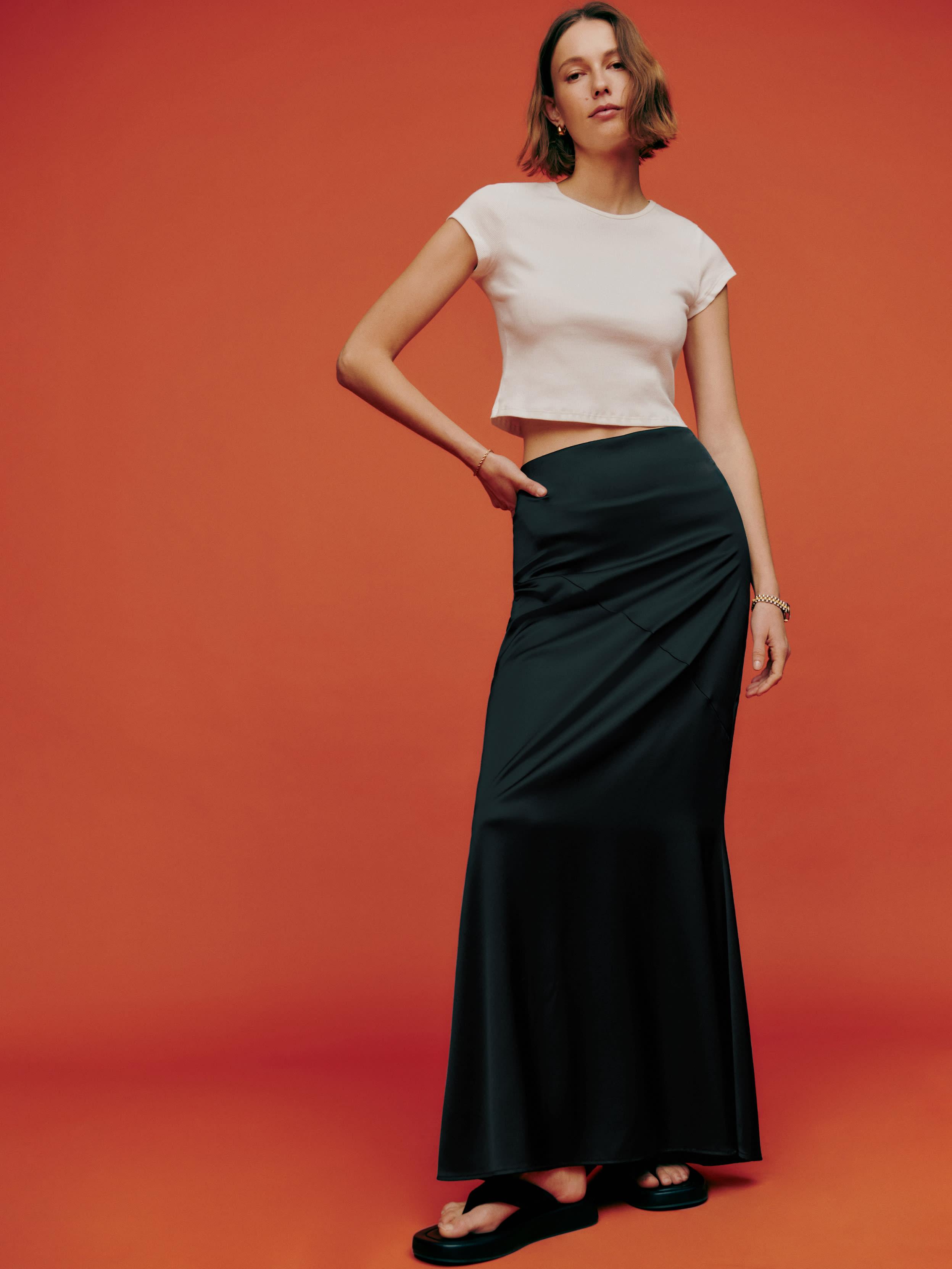 Reformation Isabel Satin Skirt in Black Lyst