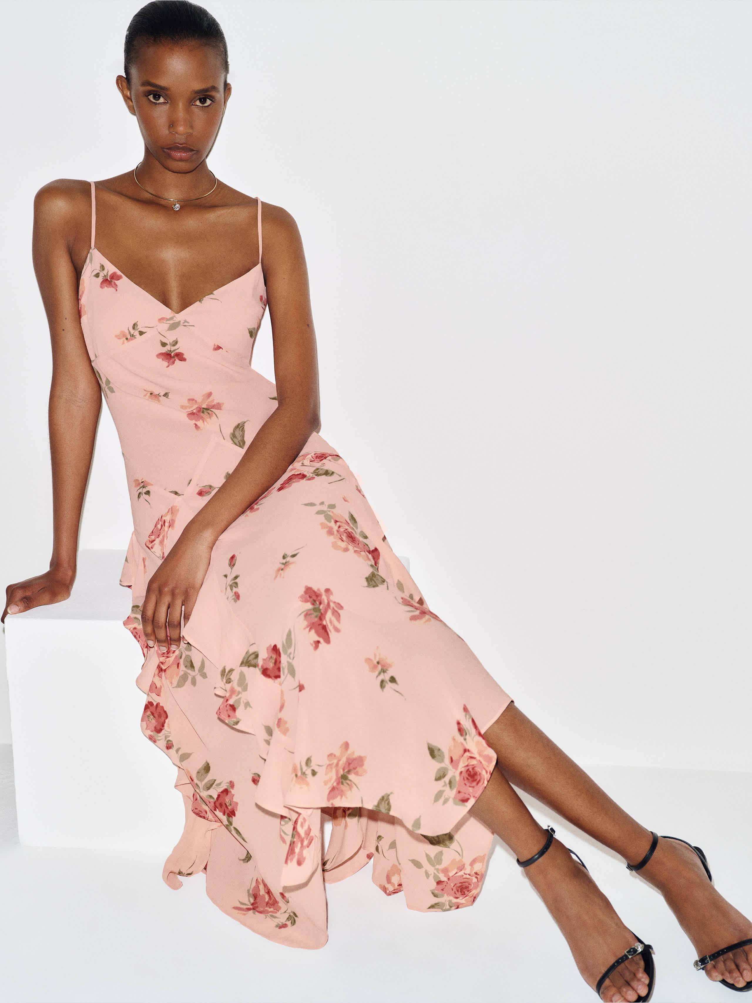 pink dress reformation REFORMATION blush pink long ruffle dress! Size 0