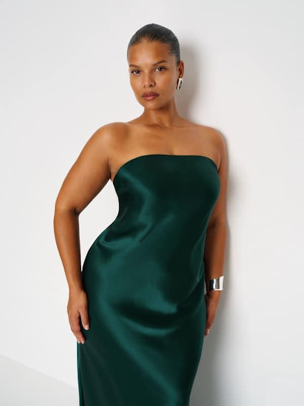 reformation green strapless dress Reformation Johan Satin Dress in Green