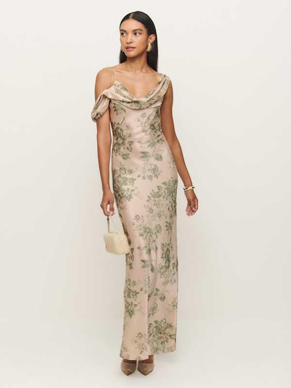 reformation ronda asymmetrical cowl-neck silk maxi dress Reformation Asymmetric Cowl Neck Silk Maxi Dress in Natural