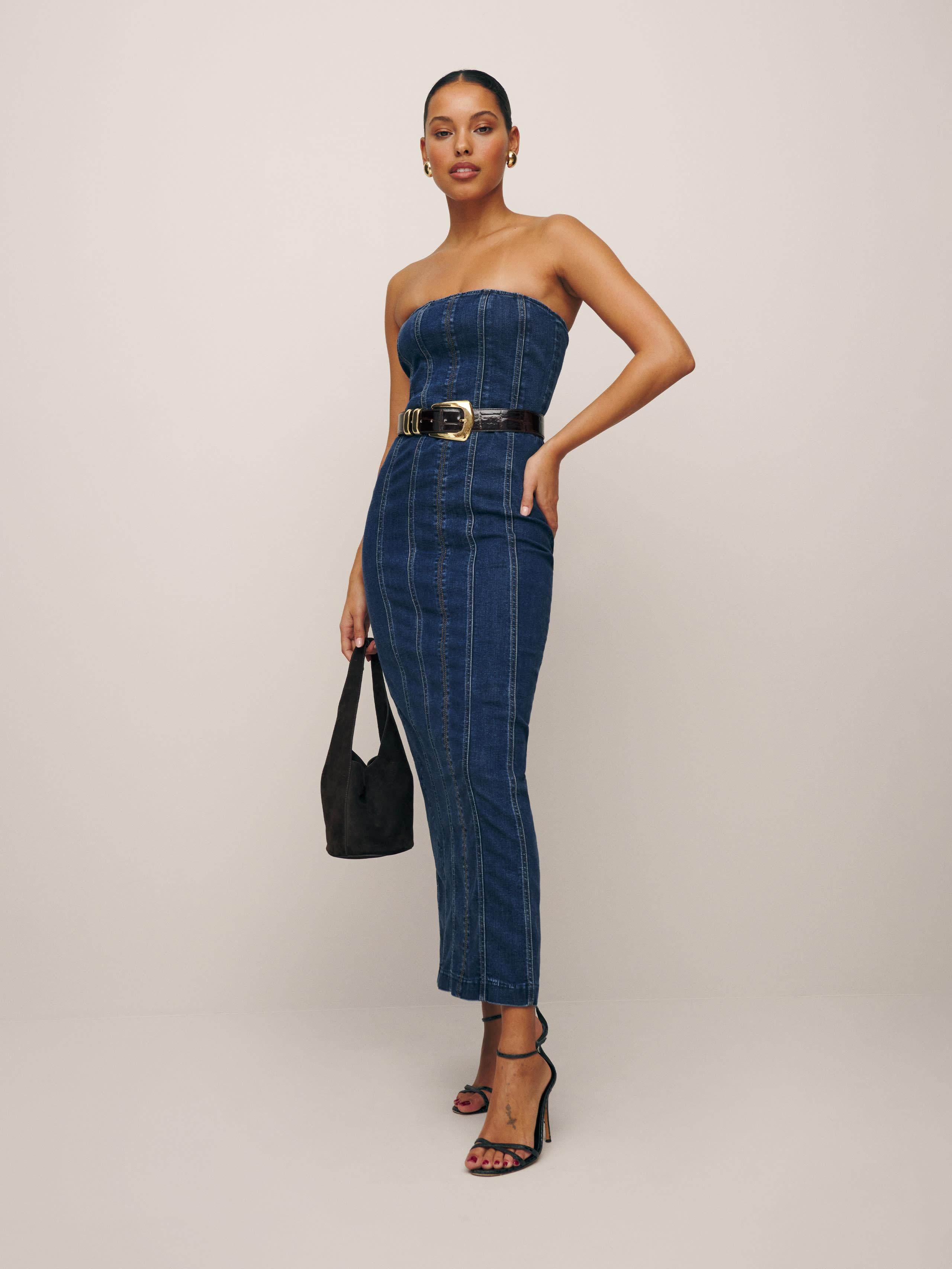 Strapless Denim Midi Dress