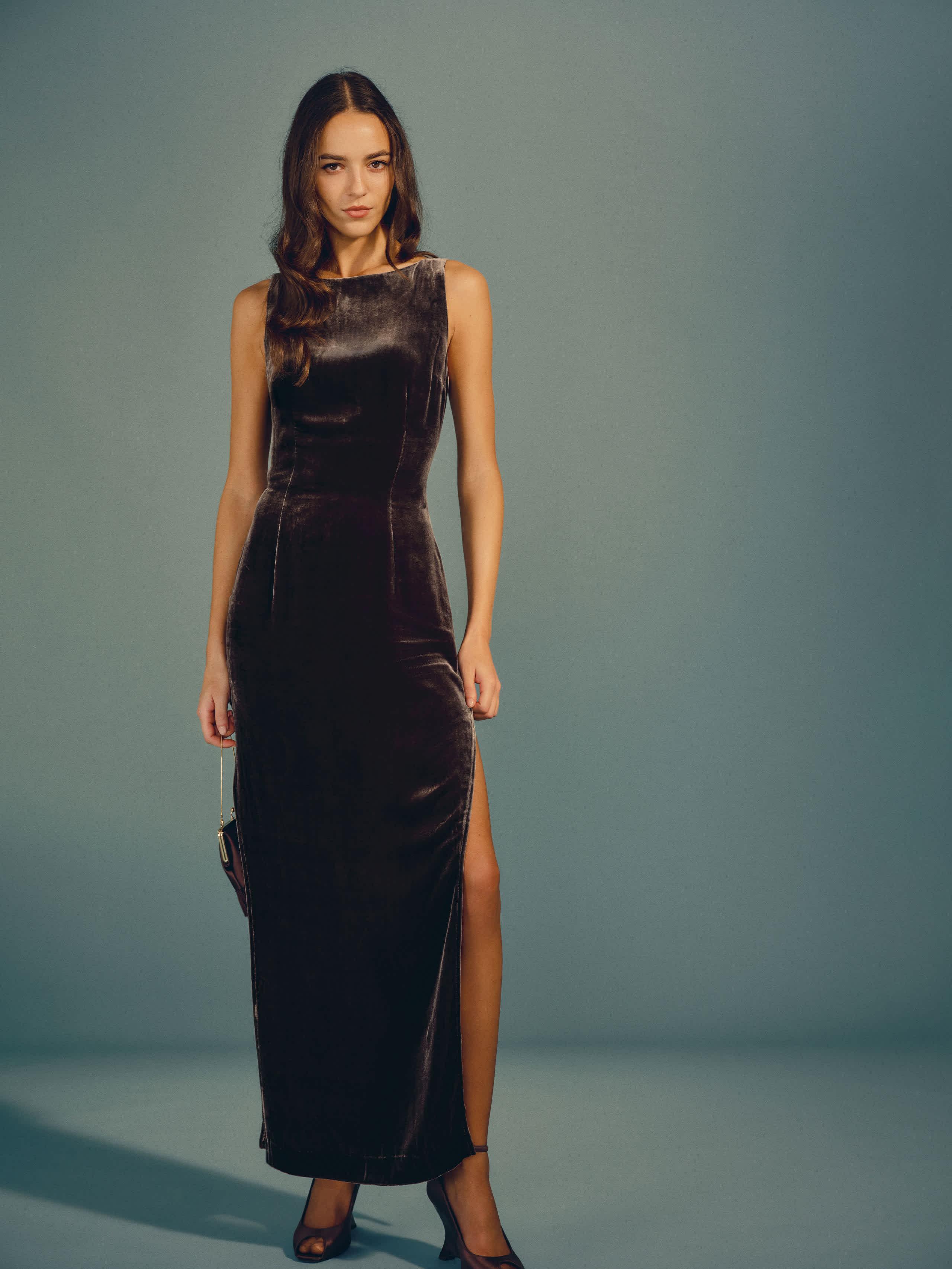 reformation brown velvet dress Romy in Green campaign_chocolate