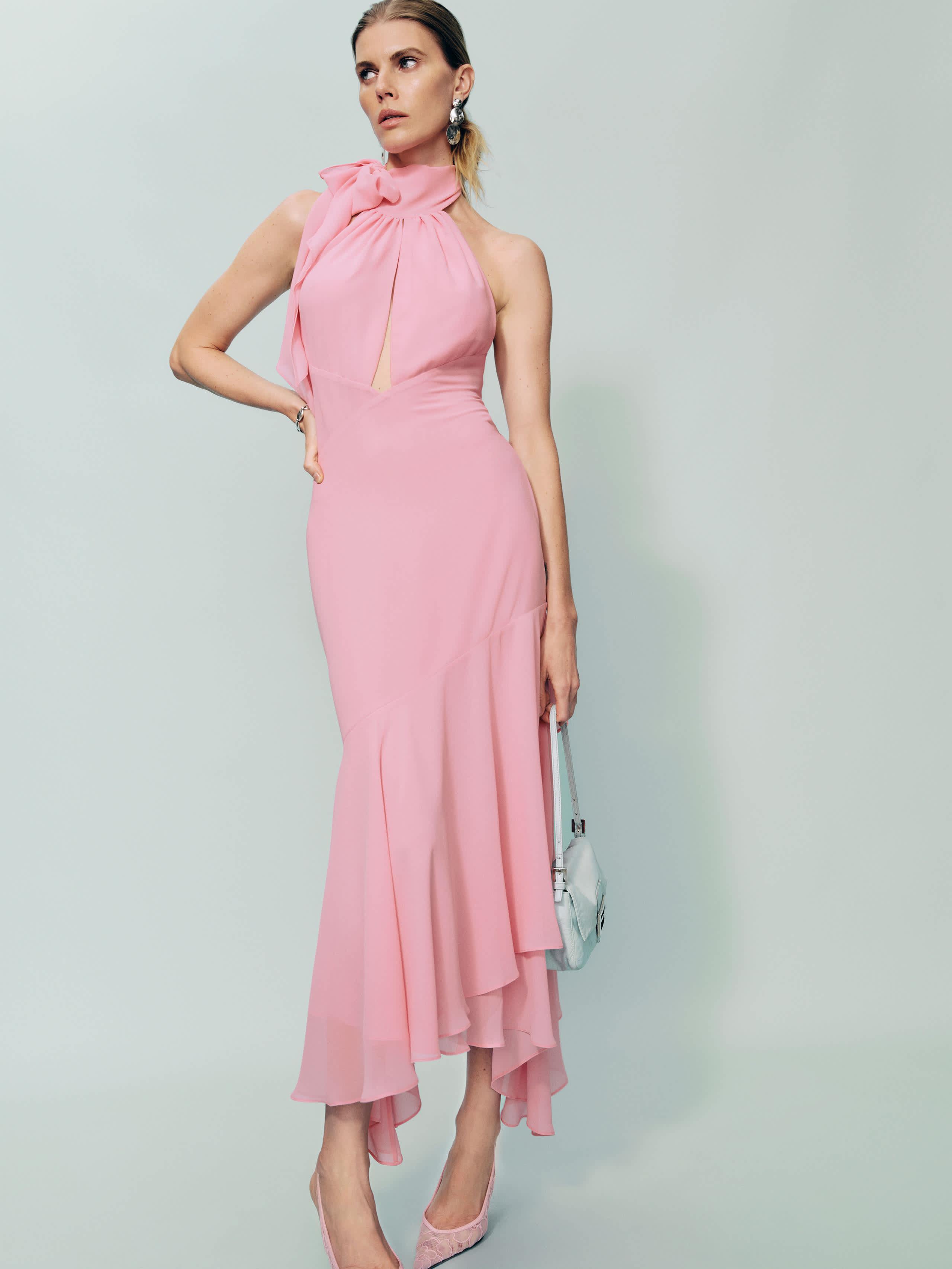 red maxi dress with slit Elegant Red Strap Satin Ruffle Deep V-Neck Open Back Side Slit Maxi Dress L / Red