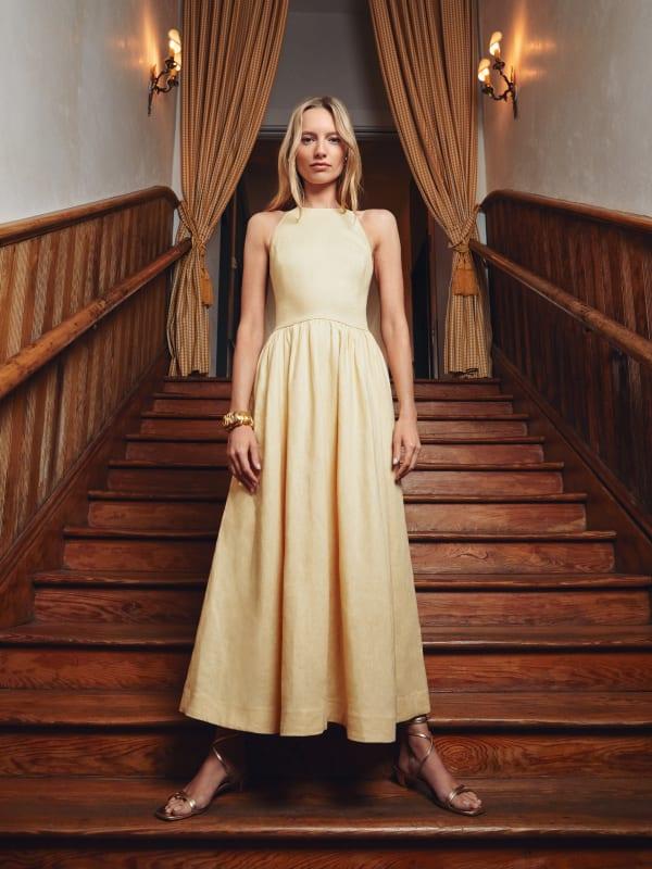 knee length dresses for ladies Rent The Selia Green Linen Dress By Reformation