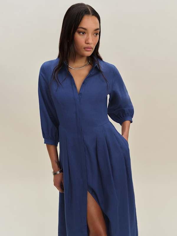 sleeveless long linen dress Ladies' Summer Solid Color Linen Vacation Shirt Style Casual Dress, Sleeveless Dress Blue / M main image 0