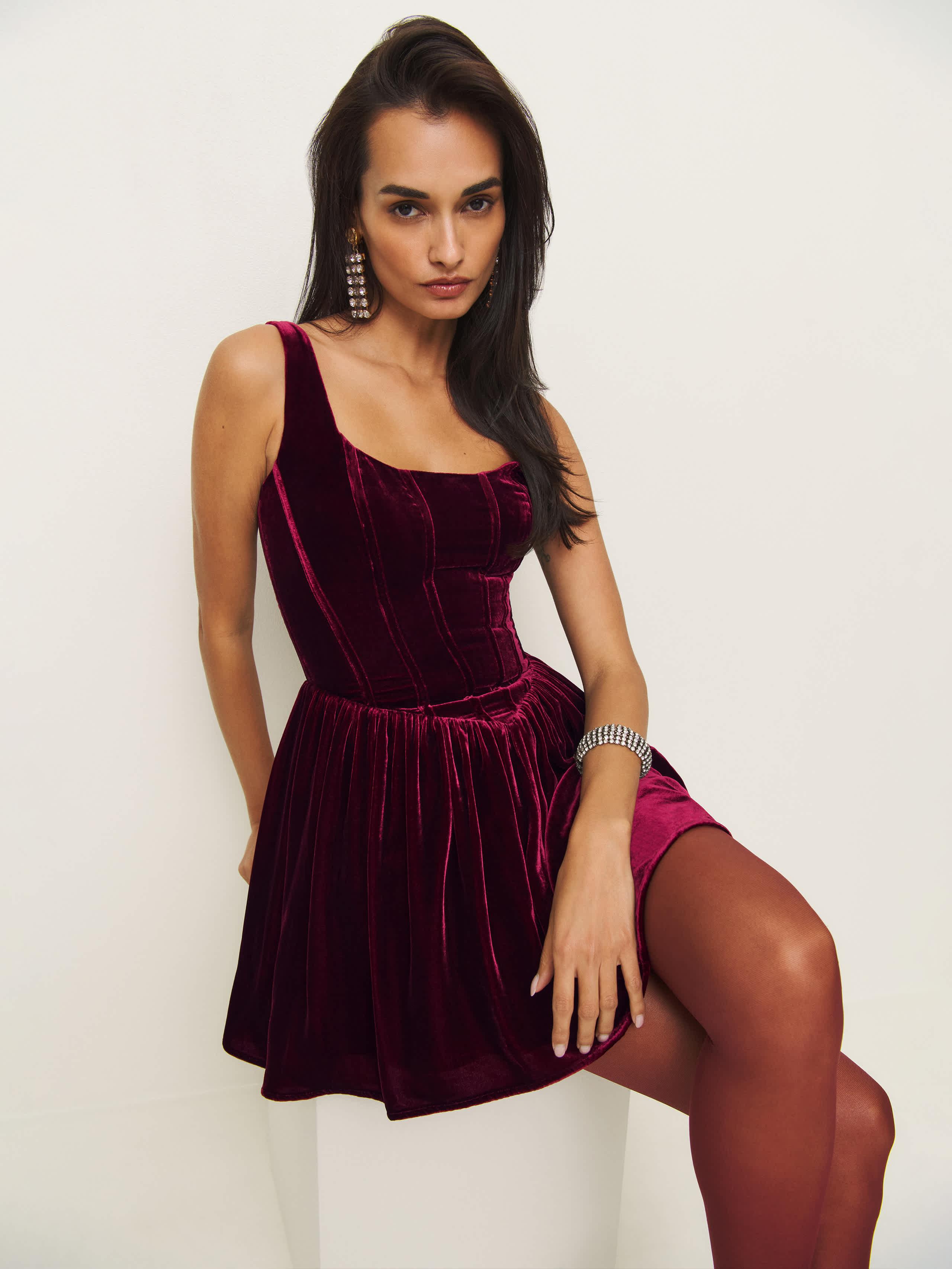 burgundy velvet dress reformation Reformation Jocelyn Velvet Dress