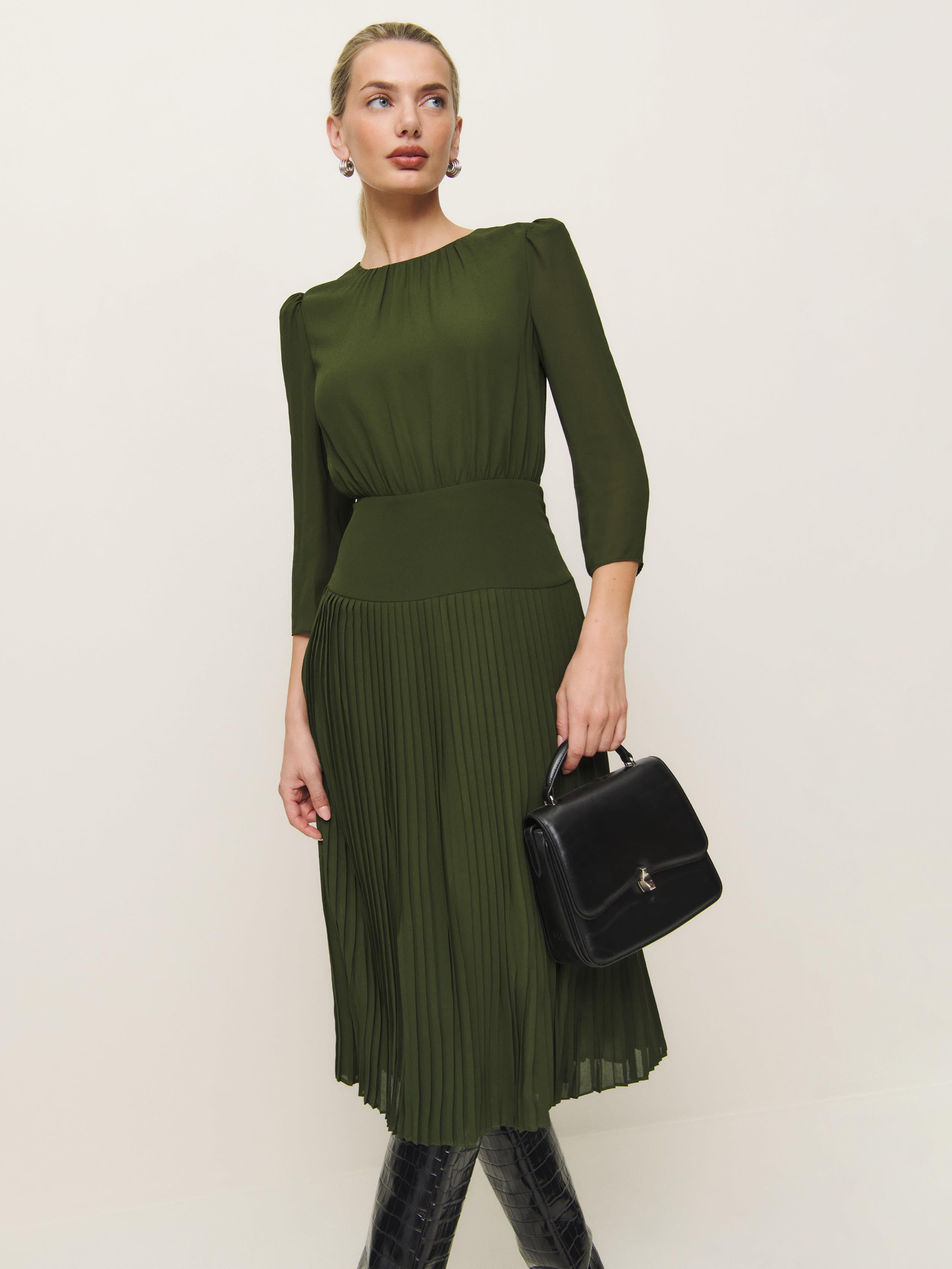 reformation green dress long sleeve Aude Dress
