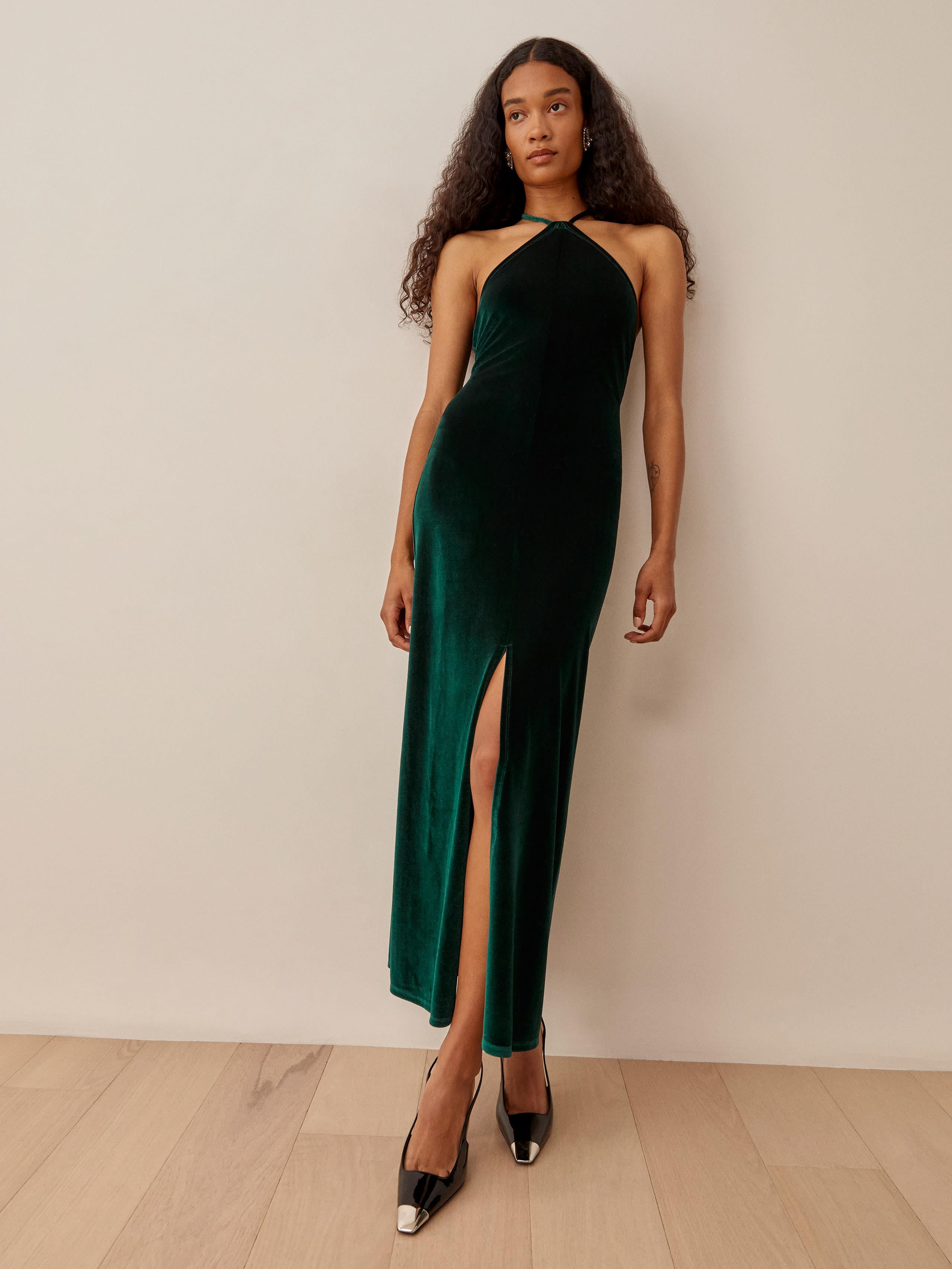 slim fit dress slacks Dark Green Velvet Beading Mermaid Halter Slit Prom Dresses.PD00260 –  AlineBridal main image 1
