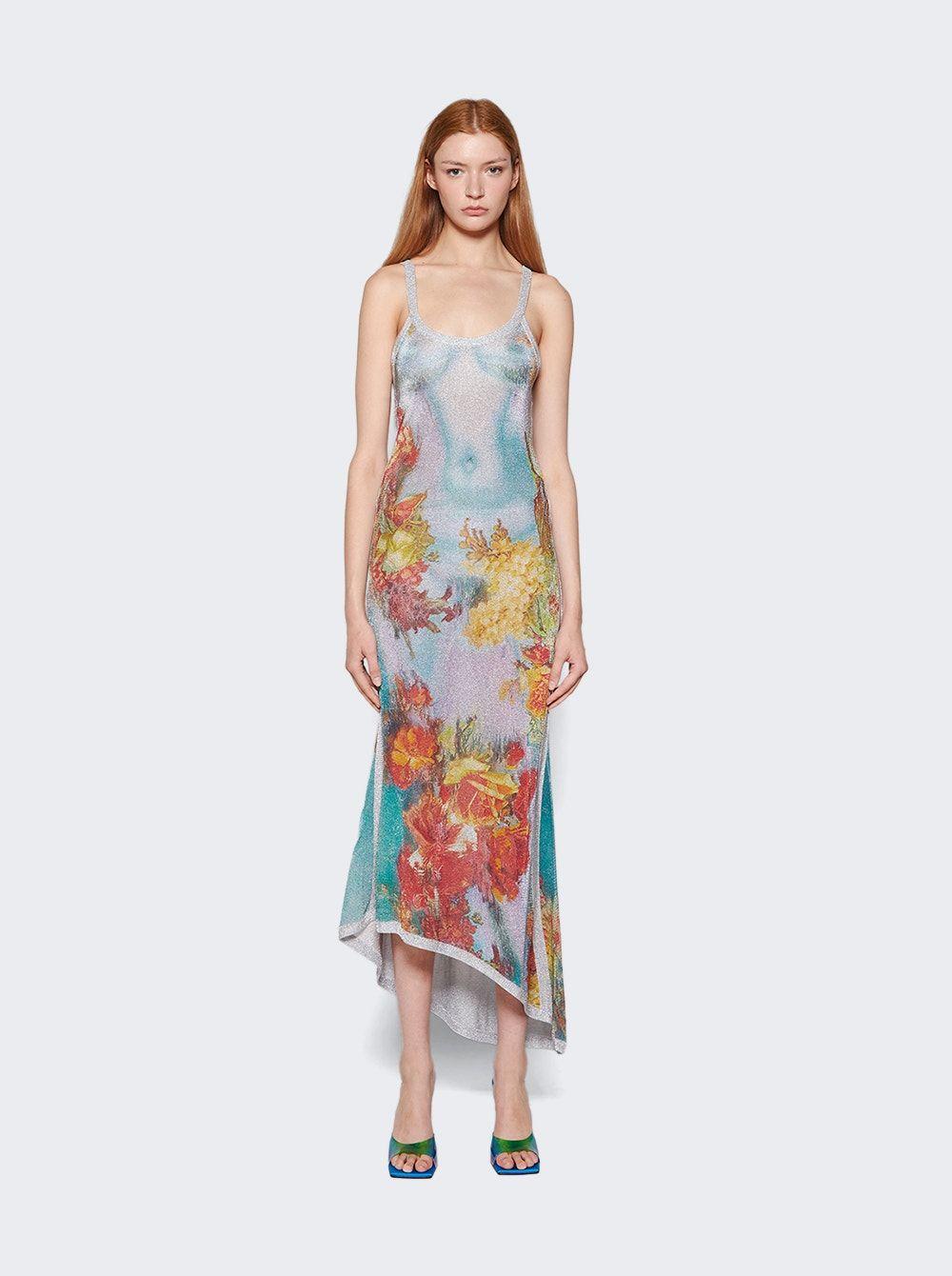Jean Paul Gaultier Asymmetric Printed Metallic Knitted Maxi Dress in White  | Lyst