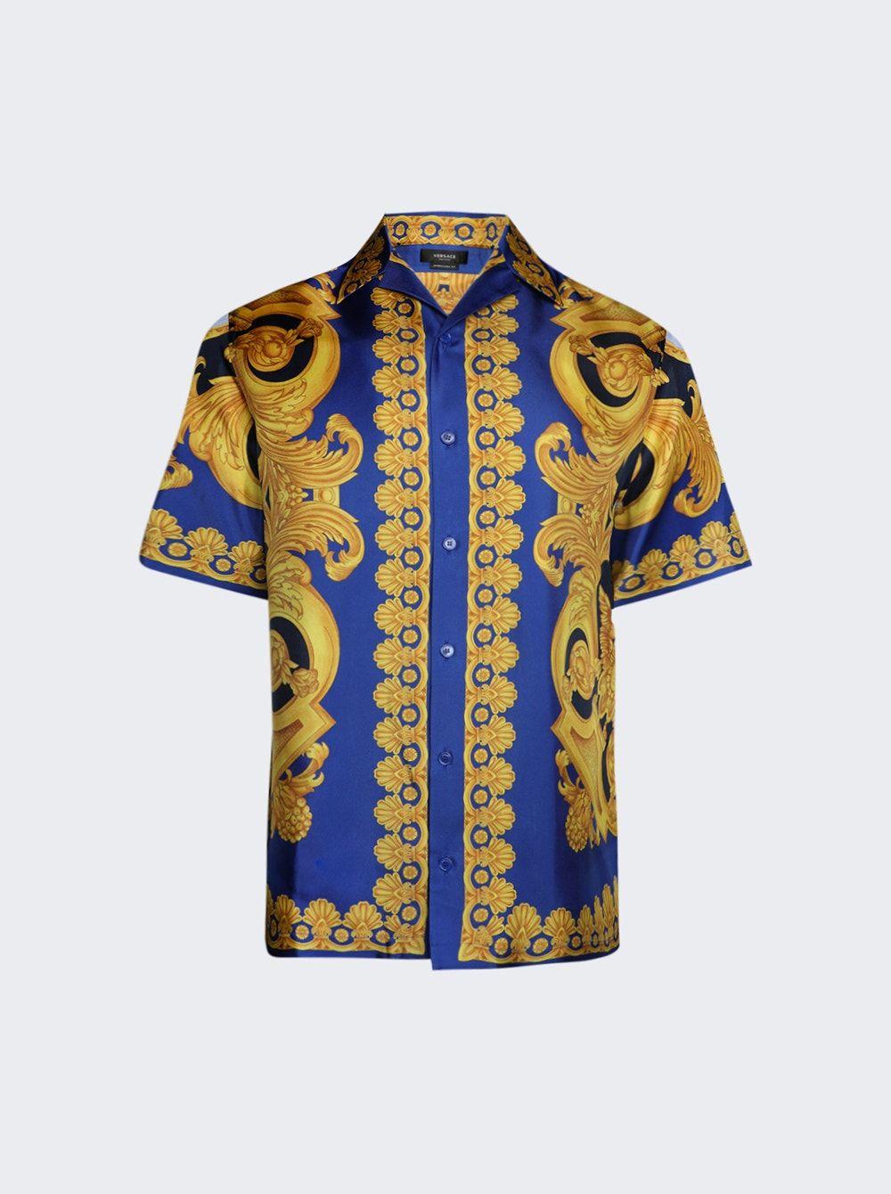 Versace Baroque-print Regular-fit Silk Shirt in Blue for Men