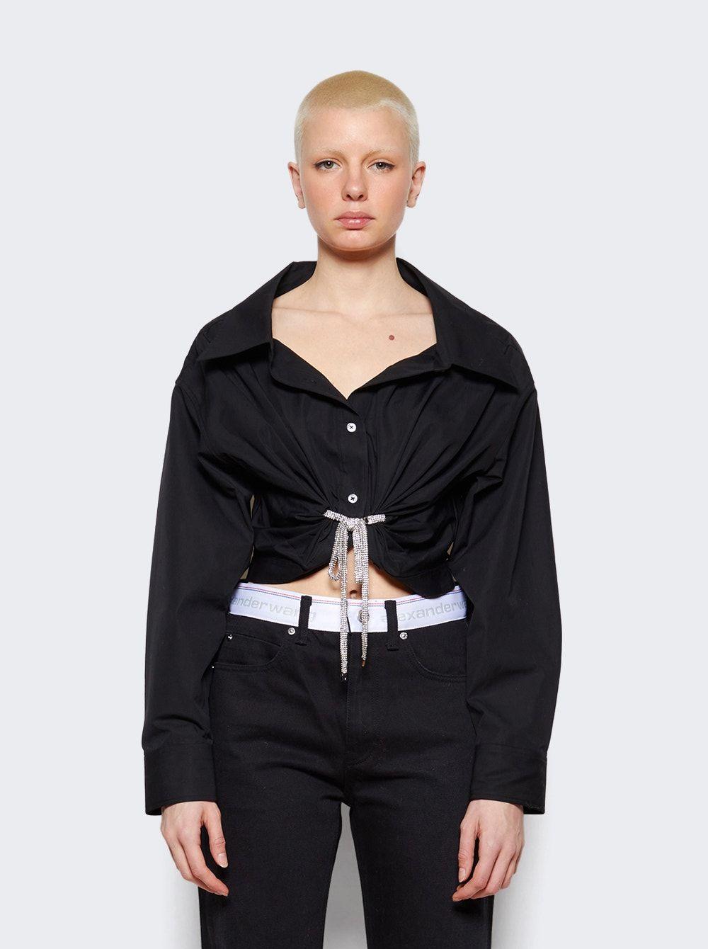 Alexander Wang Cropped Button Crystal Tie Shirt In Cotton Popl in