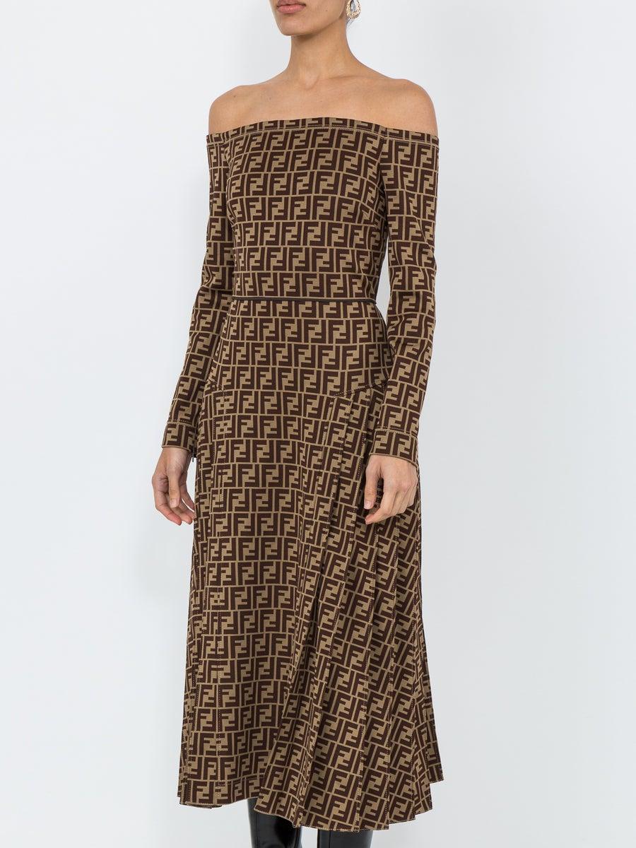 Off-shoulder Monogram Dress in Brown 