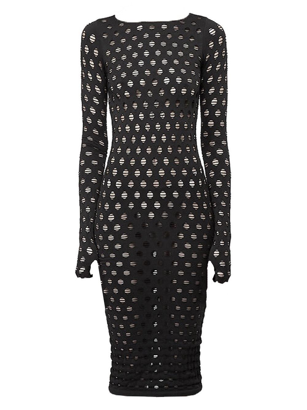 Maisie Wilen Perforated Long-sleeve Midi Dress in Black | Lyst