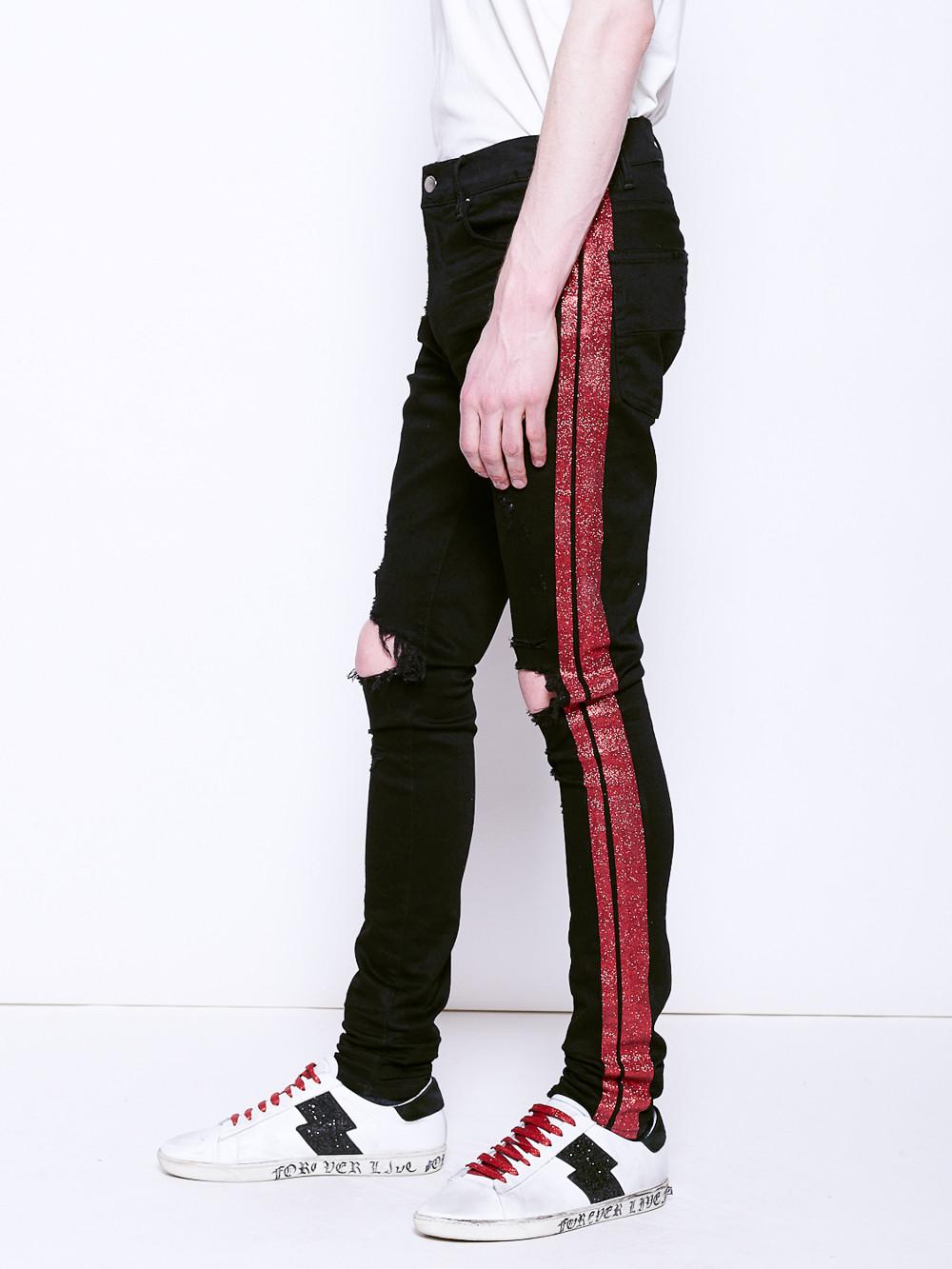 Amiri Denim Glitter Stripe Track Jeans in Black/Red (Black) for Men - Lyst
