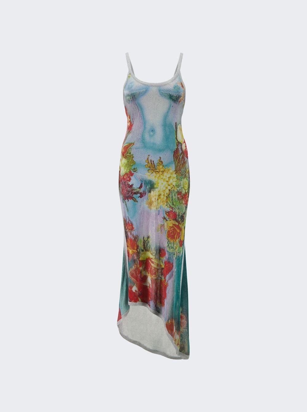 Jean Paul Gaultier Asymmetric Printed Metallic Knitted Maxi Dress in White  | Lyst