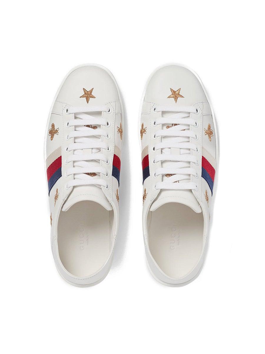 Gucci Women's New Ace Bee-embroidered Leather Trainers in White
