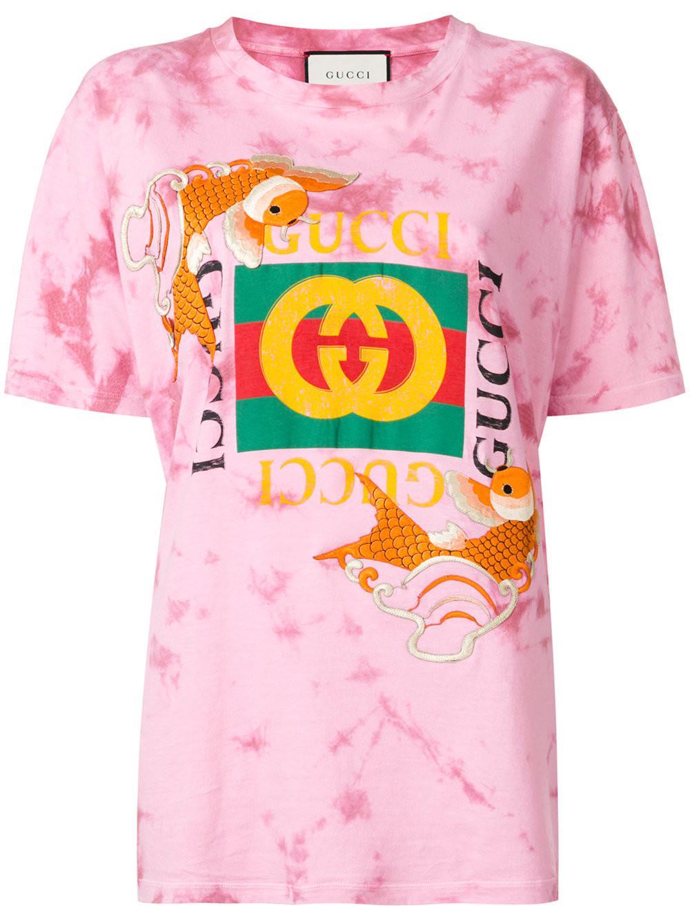 Gucci Cotton Fish Embroidered Logo T-shirt in Pink | Lyst