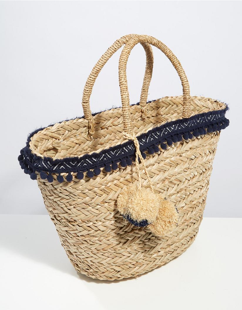 The White Company Synthetic Straw Pom-pom Trim Basket Bag in Navy (Blue) - Lyst
