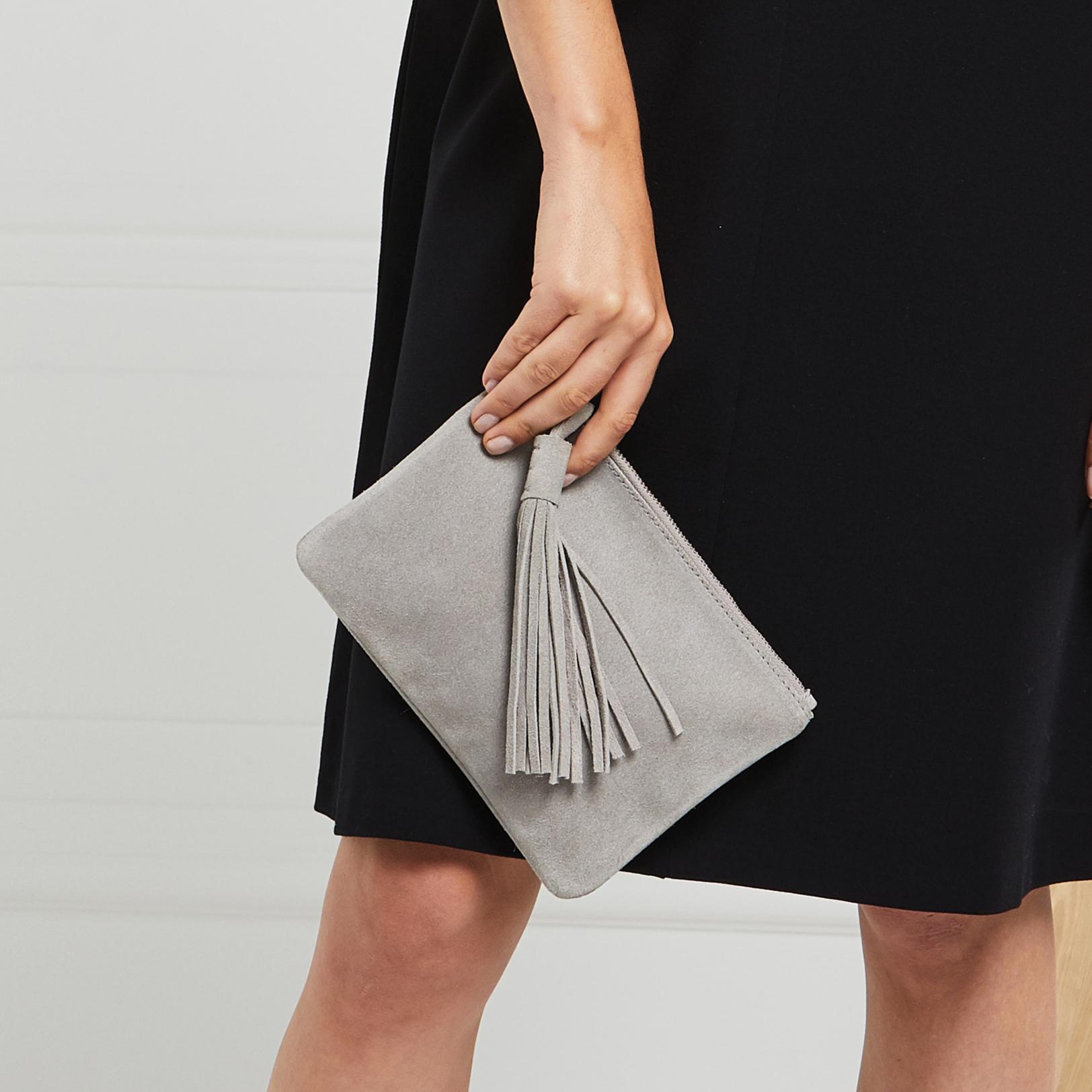 dove grey suede clutch bag