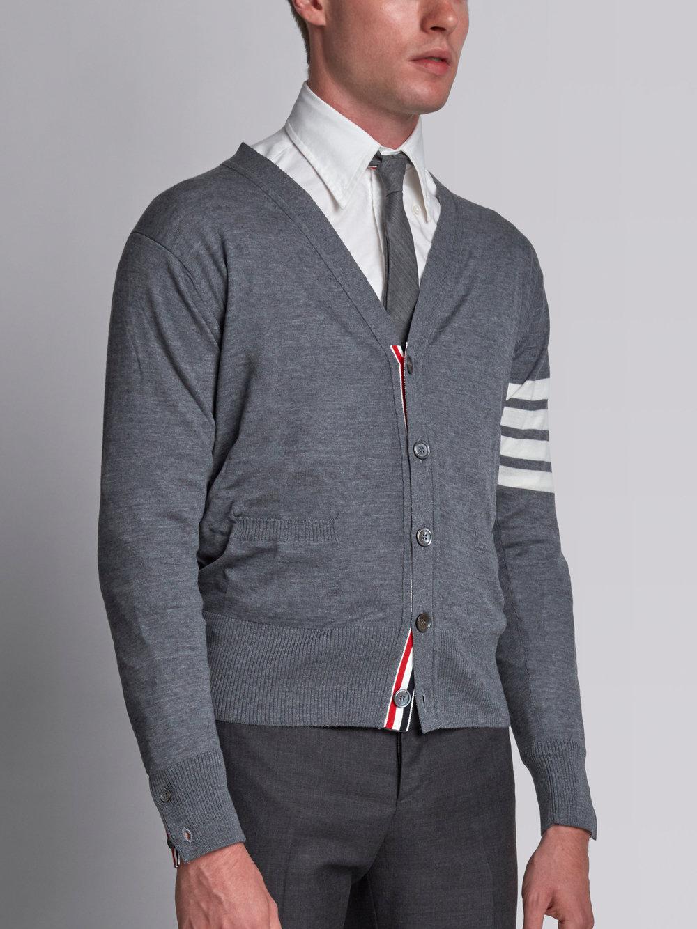 Thom Browne V-neck Cardigan With 4-bar Stripe In Medium Grey Merino in ...