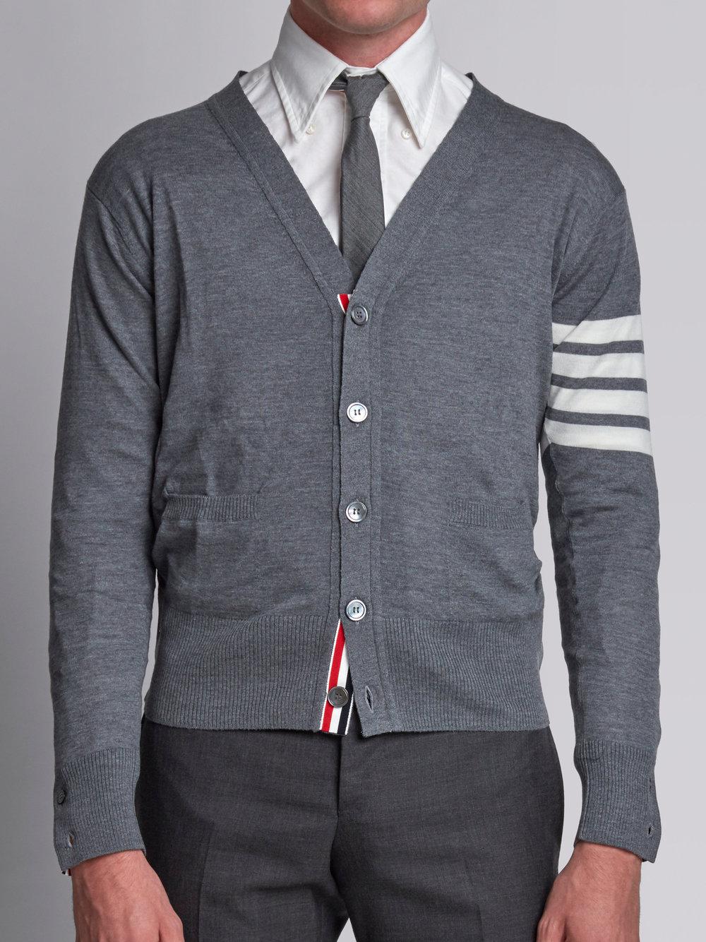 Thom Browne V-neck Cardigan With 4-bar Stripe In Medium Grey Merino in