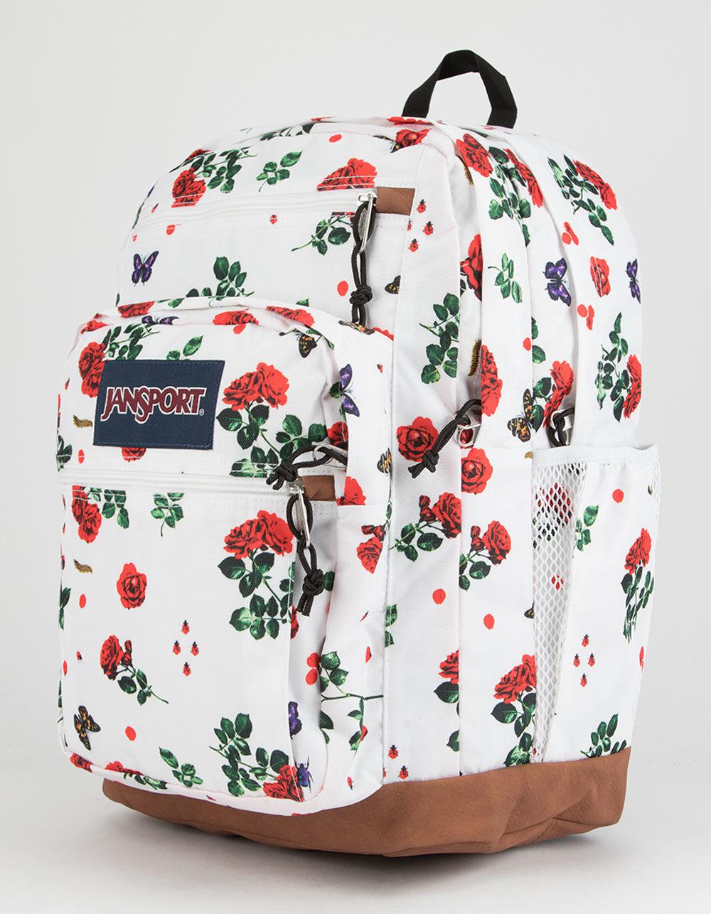 black jansport backpack with red roses
