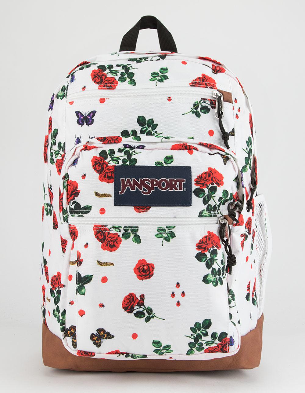 black jansport backpack with red roses