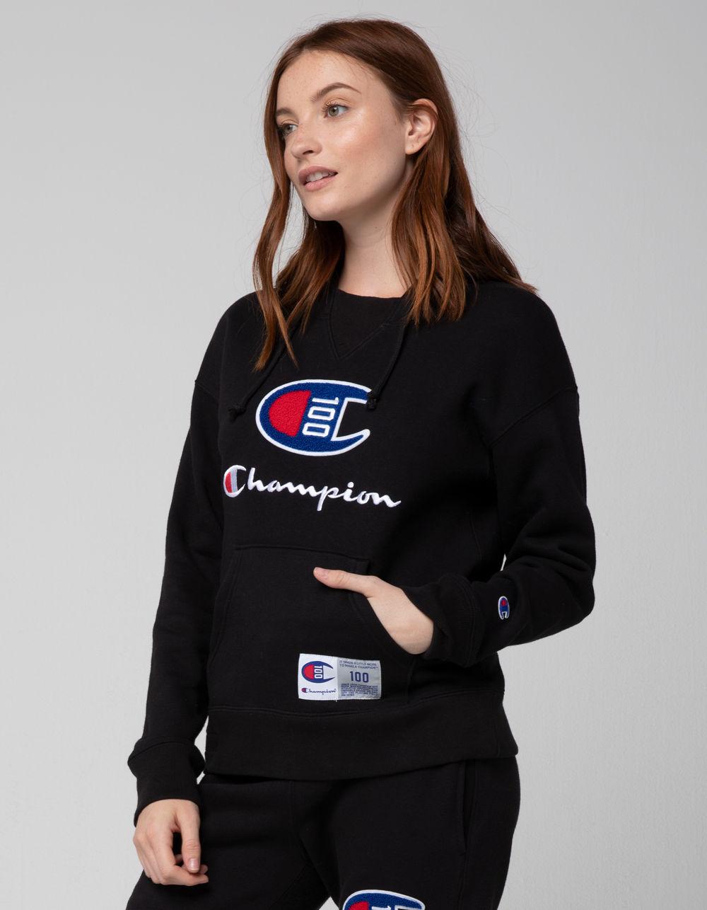 black champion hoodie with blue logo