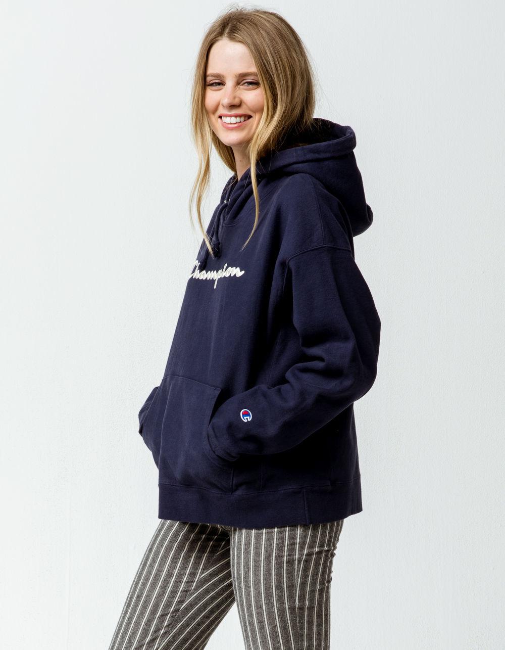 champion reverse weave chain stitch logo dusted blue womens hoodie
