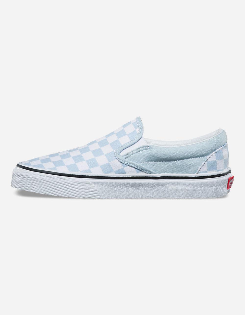baby blue slip on vans with checkerboard stripe