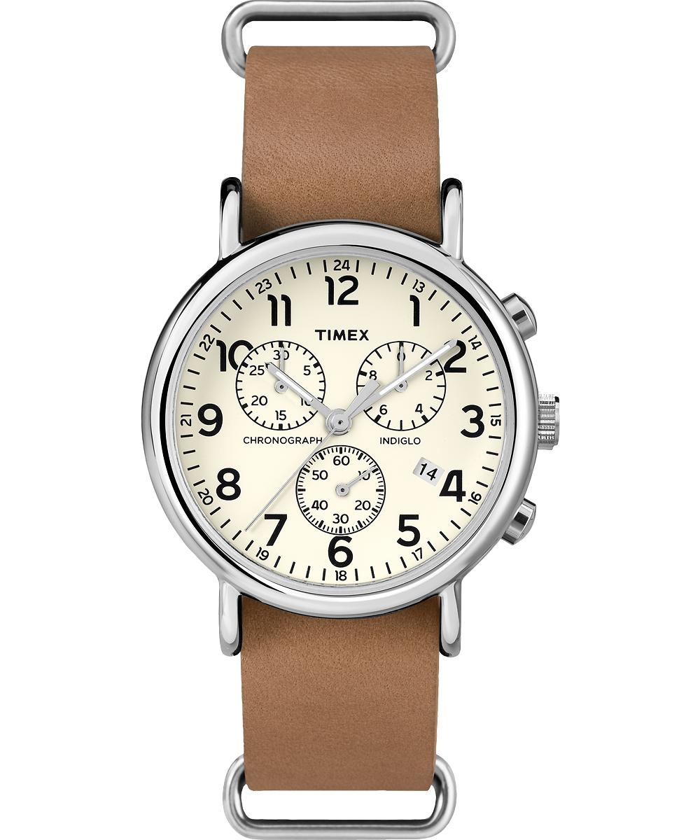 Timex Watch Weekender Chronograph 40mm Leather Strap Silver-tone/tan/cream in Metallic for Men