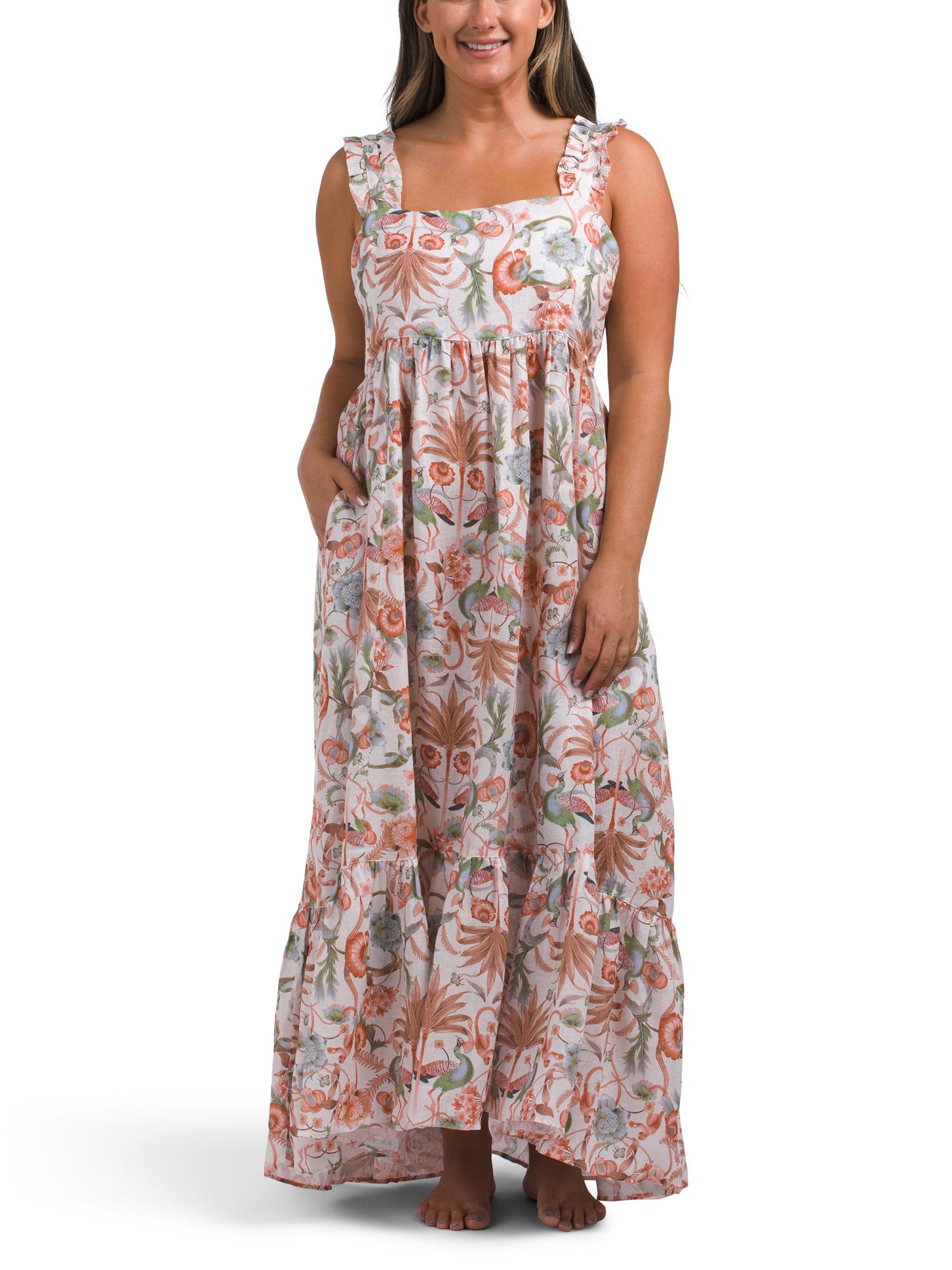 tj maxx boho dresses TJ Maxx Linen Mika Peach Jungle Lush Maxi Dress For in White