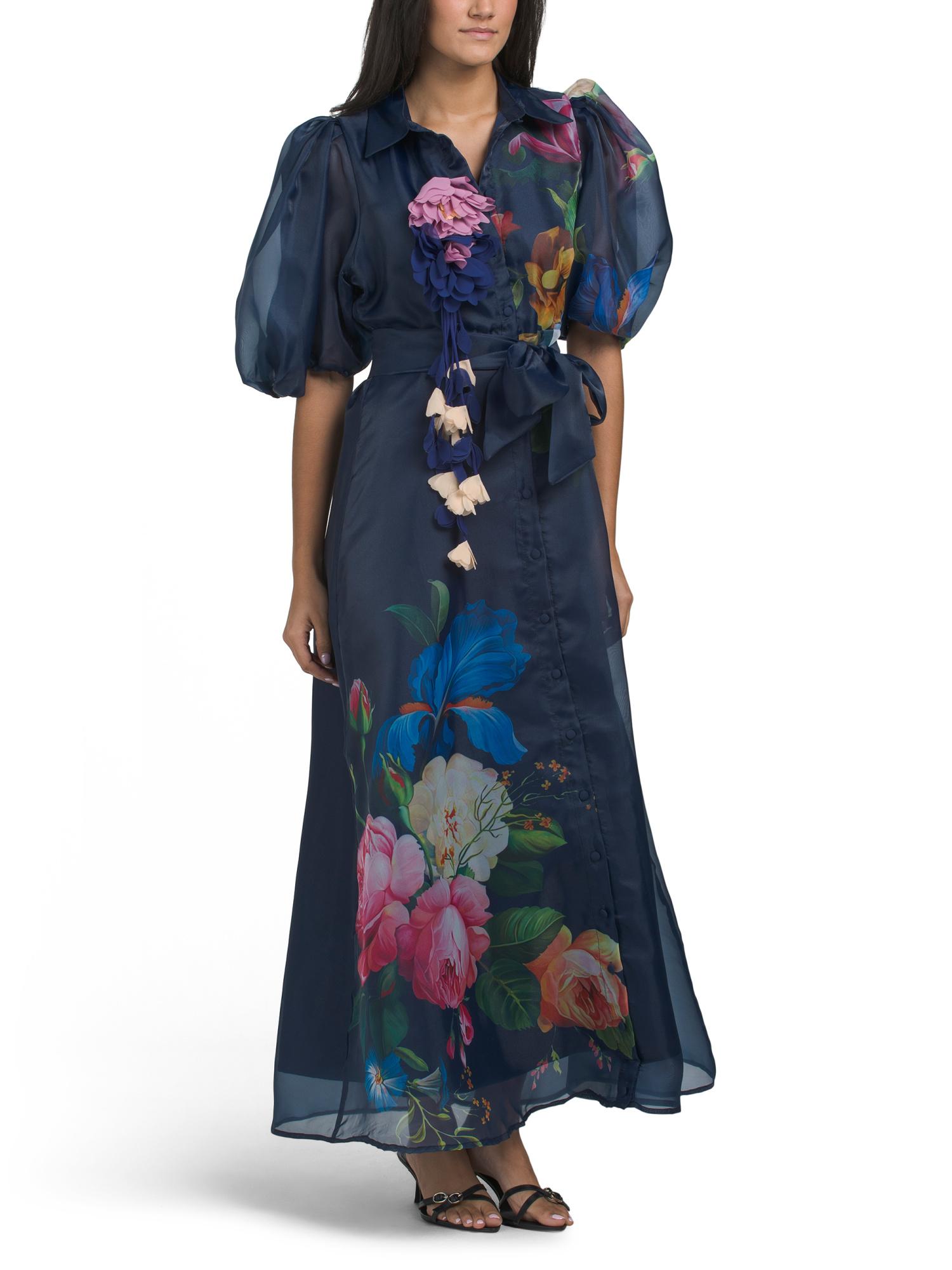 TJ Maxx Puff Sleeve Floral Maxi Dress With 3D Floral Accents For  Spandex/Polyester in Blue | Lyst