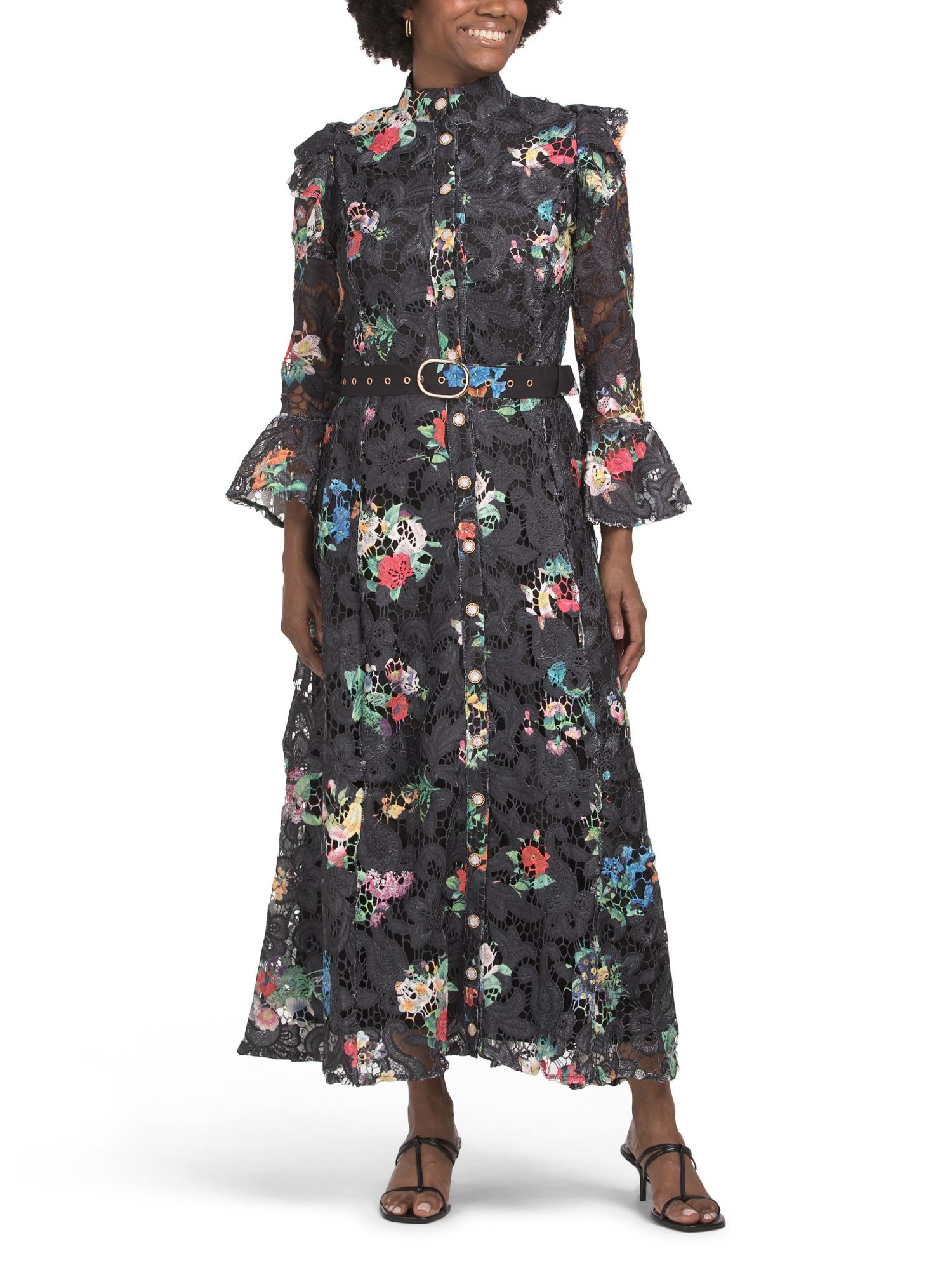 princess polly baby blue dress TJ Maxx Long Sleeve Floral Lace Maxi Dress With Belt For Spandex/Polyester  in Black