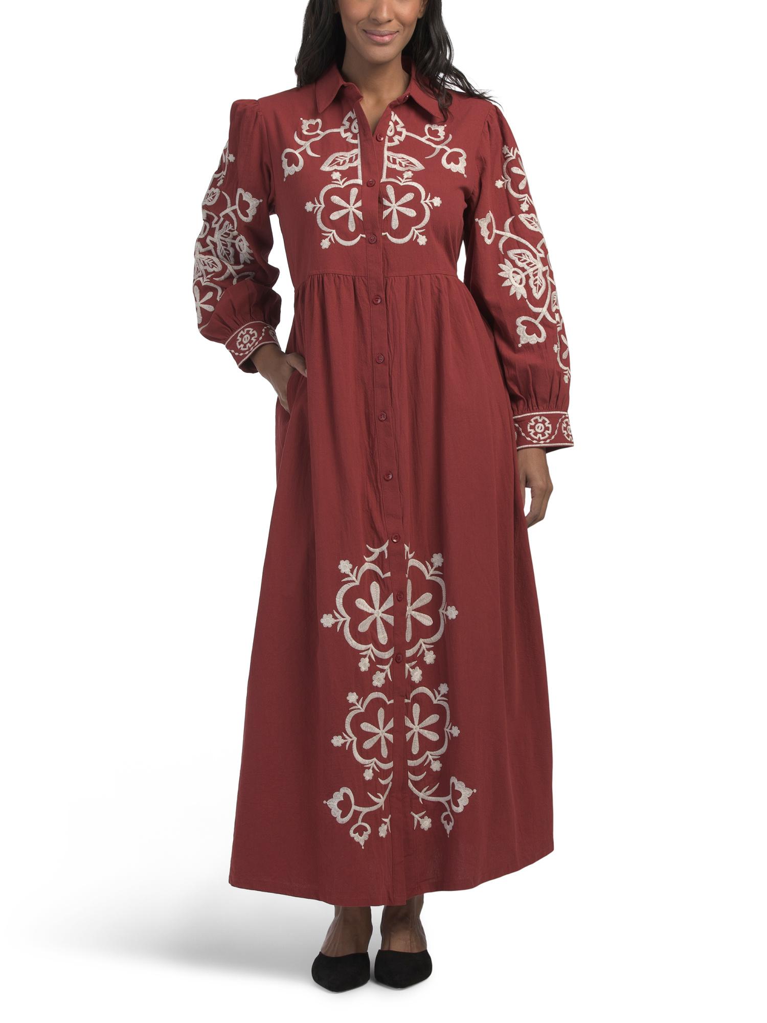 tj maxx burgundy dresses TJ Maxx Long Sleeve Embroidered Maxi Dress For Cotton/Linen