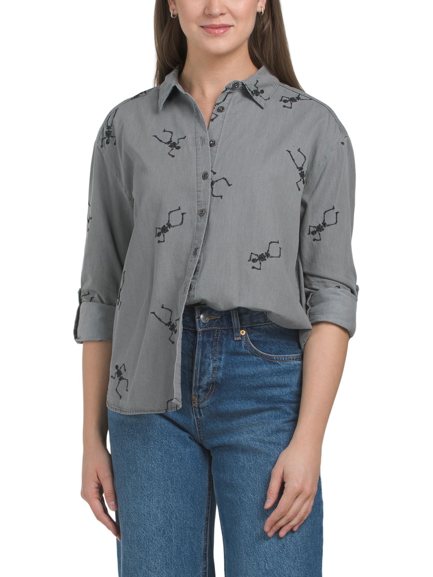 TJ Maxx Dancing Skeletons Woven Button Down Shirt For Cotton in
