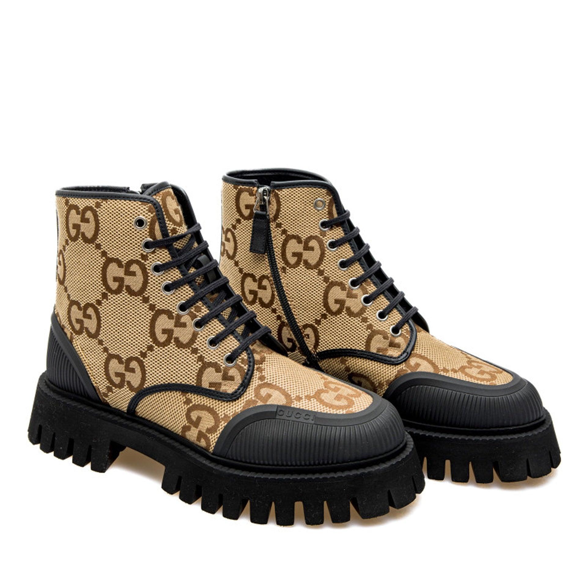 Men's maxi GG lace-up boot in camel and ebony canvas