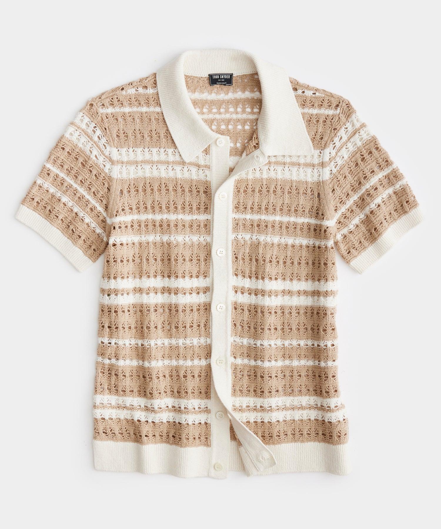 Todd Snyder Open-knit Stripe Full-placket Polo in Natural