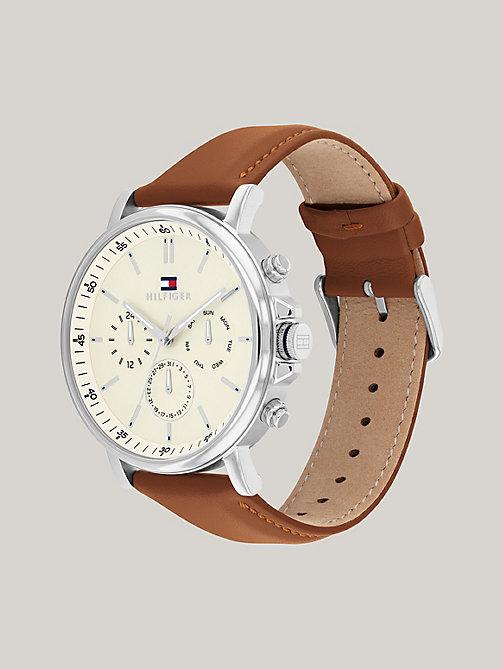 Tommy Hilfiger Pergamentfarbene Uhr Mit Braunem Lederarmband in