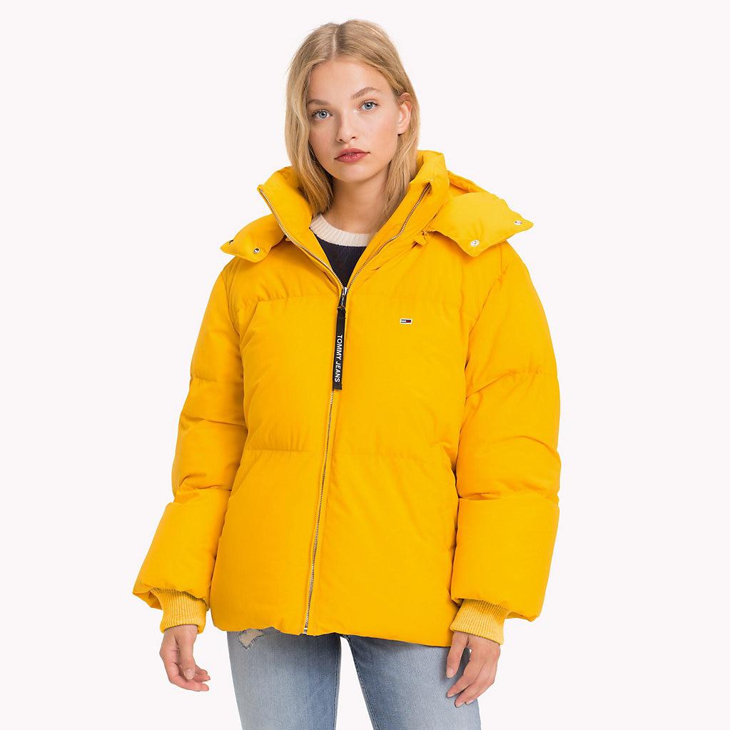 tommy jeans yellow oversized hooded puffer jacket