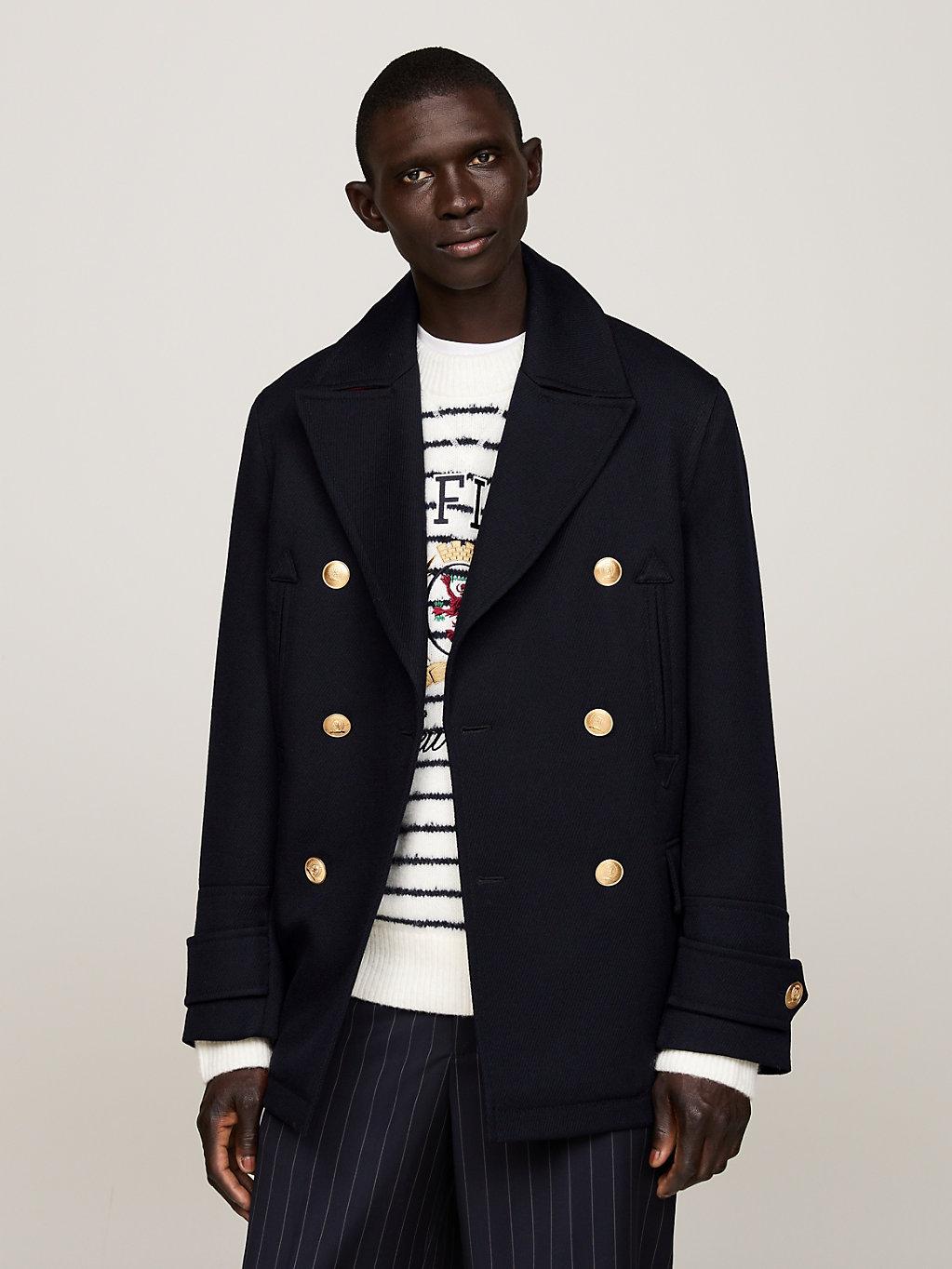 Tommy Hilfiger Pure Wool Double Breasted Boxy Peacoat in Blue for