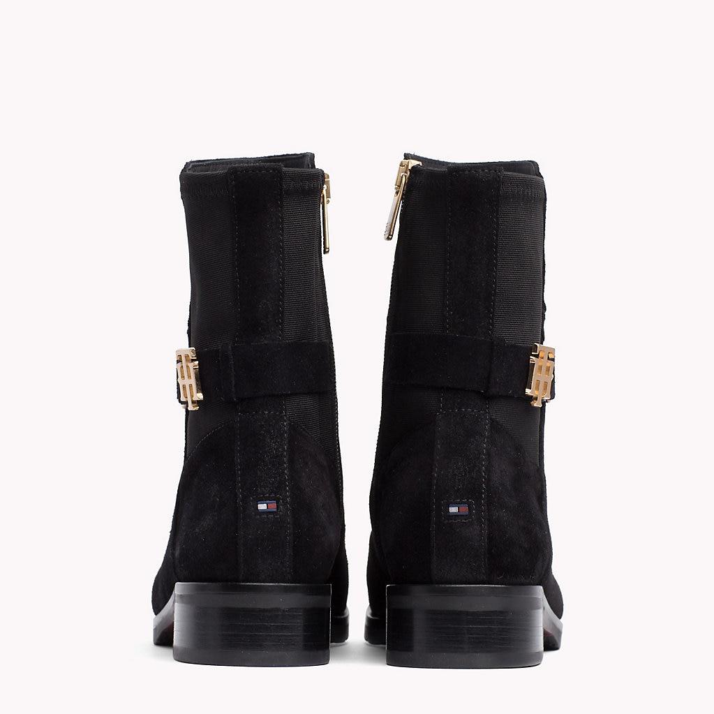 tommy hilfiger monogram embellishment block heel boots