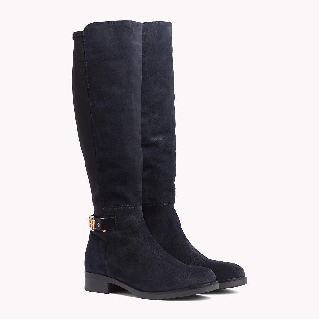 tommy hilfiger monogram buckle stretch boots