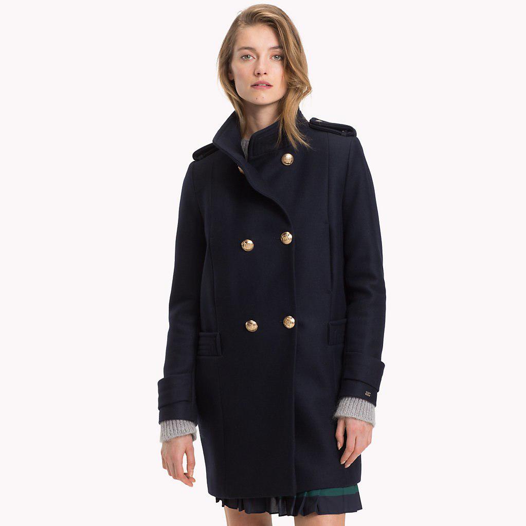Tommy Hilfiger Wool Funnel Neck Double-breasted Coat in Blue - Lyst