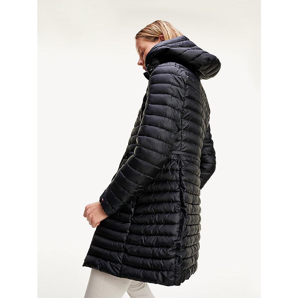Tommy Hilfiger Satin Quilted Waist Tie Hooded Coat in Black - Lyst